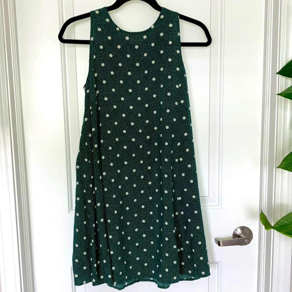 small teal ivory dress with white polka dots